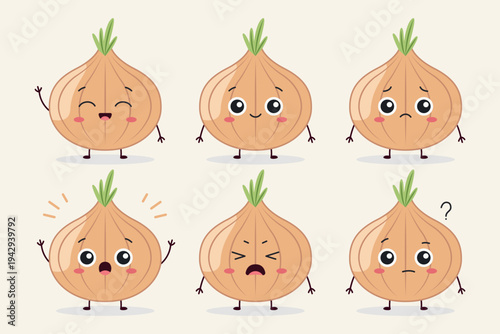 Cute Cartoon Onion Characters Showing Six Different Emotions And Facial Expressions Set