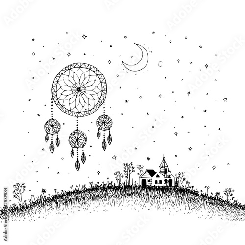 Dreamcatcher hanging above a serene countryside church under a starry night sky with crescent moon