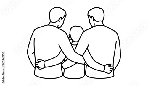 Two men supporting a child in a standing position with their hands on the child's hips. vector illustration
