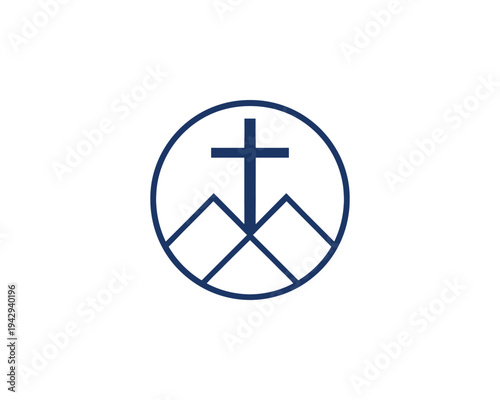 Christian Cross Symbol Over Mountains Inside Circle Religious Iconography Faith and Hope Concept
