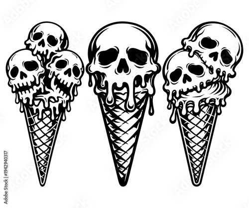 Spooky Melting Ice Cream Cones Featuring Human Skulls, Creative Gothic Dessert Illustration, Macabre Sweet Treats For Halloween Design Projects