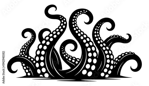 Mysterious Deep Sea Octopus Tentacles Rising From Below, Kraken Giant Squid Arms Silhouette, Underwater Marine Life Vector Illustration
