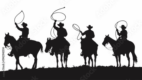 A black silhouette illustration of cowboys riding horses with lassos