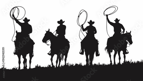 A black silhouette illustration of cowboys on horseback with lassos