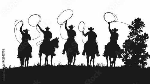 A black silhouette illustration of cowboys on horseback with lassos