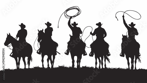 A black silhouette illustration of cowboys riding horses with lassos