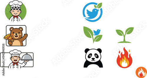 Cartoon chefs and bear with pizza alongside environmental icons including birds, panda, plant, and fire symbols