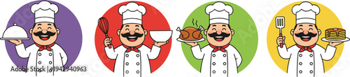 Cartoon chefs in colorful backgrounds holding serving dish, whisk, roasted chicken, and pancakes illustration