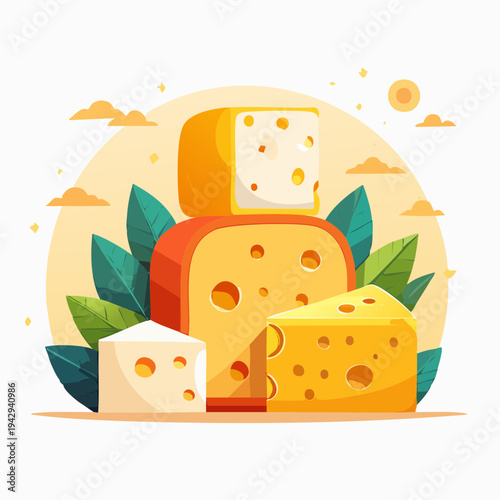 Artistic Illustration of Delicious Assorted Cheese Blocks with Fresh Green Leaves and a Warm Sunny Backdrop