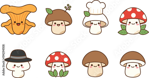   
"Cartoon cute mushroom characters with expressive faces, playful accessories, colorful caps, and charming fantasy nature vector illustration