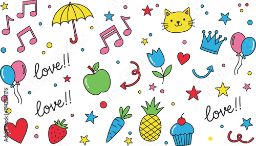 Cartoon decorative pattern with musical notes, balloons, hearts, stars, fruits, cupcakes, and “love!!” text design
