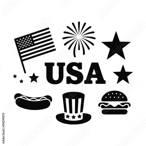 Patriotic symbols and american food items in black . vector illustration
