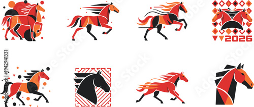 Cartoon geometric horse collection with abstract red, orange, and black designs in dynamic commemorative 2026 artwork