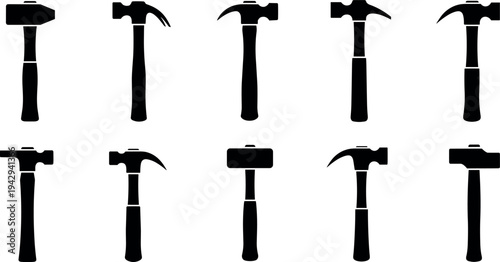 Vector illustration collection of various hammer silhouettes including claw hammers and mallets isolated on white background for carpentry construction tools and DIY home improvement projects.