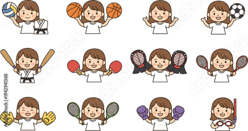 Cartoon girl playing twelve different sports including volleyball, basketball, soccer, tennis, boxing, and swimming illustration