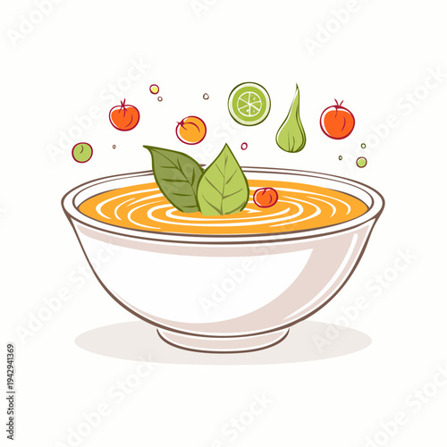 Healthy vibrant orange soup or smoothie bowl with fresh fruits, vegetables, and aromatic mint