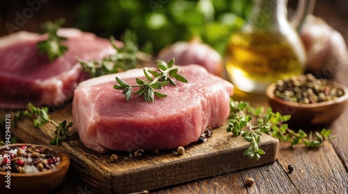 Fresh Raw Pork Chops on Cutting Board Surrounded by Herbs and Spices with Olive Oil and Garlic in Cozy Kitchen Setting
