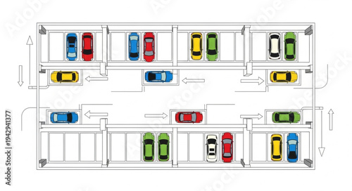 Aerial view of a parking lot with cars parked in rows.