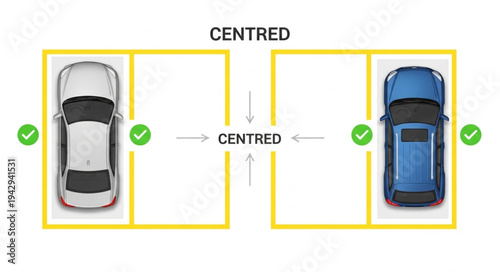 Two cars parked perfectly centered in parking spaces illustration.