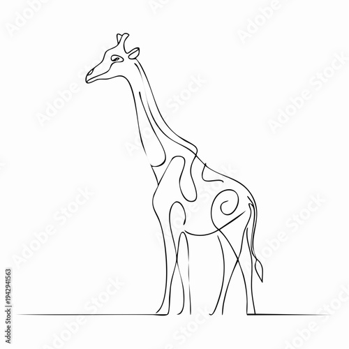 Elegant single line art drawing of a tall African giraffe with minimalist style, capturing its unique silhouette and graceful posture