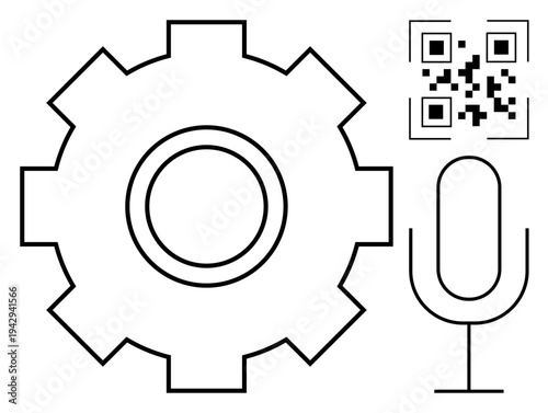 Technology tools, innovation, communication, automation, QR code usage, voice recognition. Black outline illustration of a gear, QR code and microphone. Technology and communication concepts