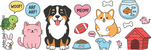 Cartoon pet animals vector illustration with dog, cat, rabbit, turtle, fish, playful accessories, speech bubbles, and colorful design