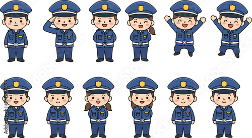 Cartoon police officers in blue uniforms with diverse facial expressions and poses including saluting, standing, and celebrating
