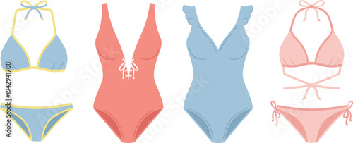 Cartoon women’s swimwear collection with bikinis and one‑piece swimsuits in colorful fashion design