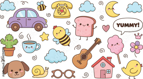 Cartoon whimsical objects with car, phone, bees, bread, moon, coffee, dog, and playful “YUMMY!” text design