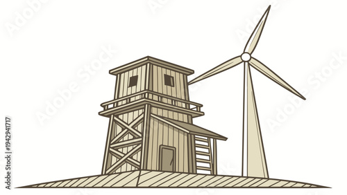 A minimalist vector illustration of a wooden windmill tower with a wind turbine on a simple landscape