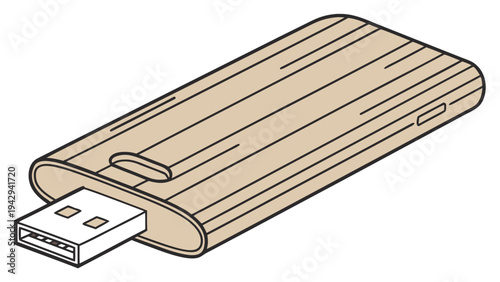 A vector graphic illustration of a wooden USB flash drive on a white background