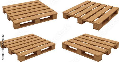 Wooden shipping pallet set in different perspective angles isolated on white background, industrial cargo platform for warehouse logistics, storage, transport and packaging illustration