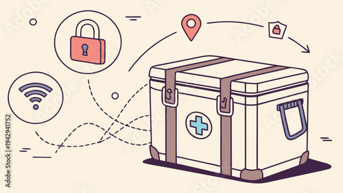 A vector graphic illustration of a secure medical box with lock and Wi-Fi symbols