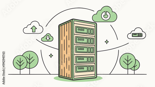 A vector graphic illustration of a server tower with cloud computing and data storage icons