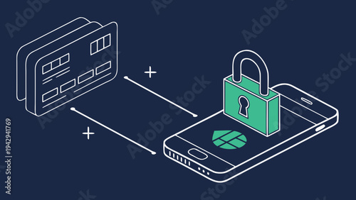 A vector graphic illustrating secure mobile payment with a smartphone, credit card, and padlock