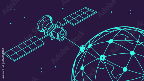 A vector graphic illustration of a satellite orbiting the Earth with a network connection