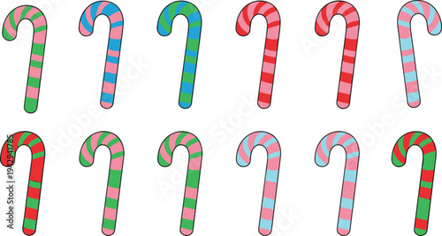 Collection of colorful striped candy canes in red, green, pink, and blue arranged in festive decorative vector illustration