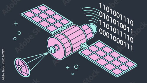 A pink satellite vector graphic with solar panels and binary code in space