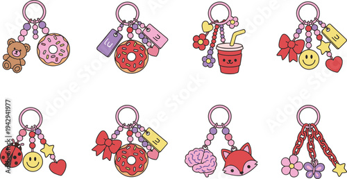 Cute Kawaii Keychain Vector Set Featuring Donut Bear Fox Ladybug Flowers And Colorful Beads Illustration For Accessories And Gifts.