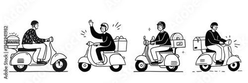 Food delivery driver riding scooter with takeaway boxes in minimalist black and white doodle illustration set
