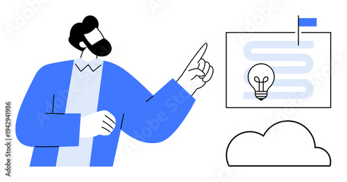 Innovation concept. Innovation highlighted with a man pointing towards goal-oriented strategy involving ideas, objectives, and plans. Innovation for business, startups, leadership, brainstorming