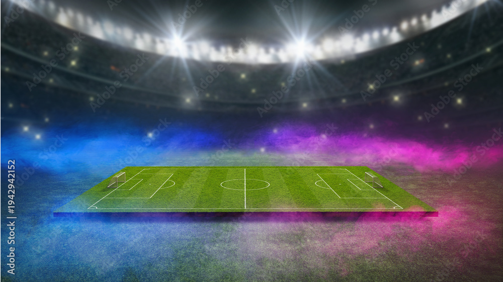 Fototapeta premium textured soccer game field with neon fog - center, midfield. 3D-Illustration