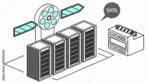 A vector graphic illustration of a satellite communicating with server towers and a data center with a 100% efficiency rating