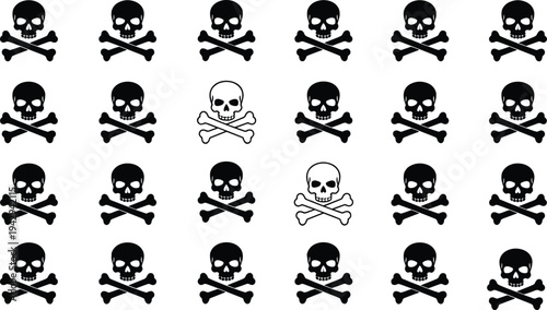 Skull and crossbones grid with black and white variations for visual puzzle, pattern recognition, and attention challenge illustration