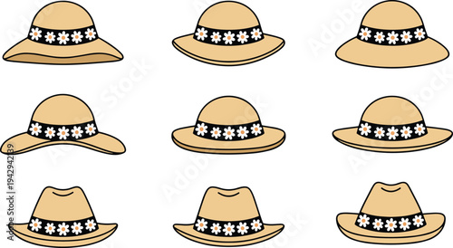 Tan summer hats with floral daisy bands in wide-brim, medium-brim, and fedora styles arranged in grid illustration