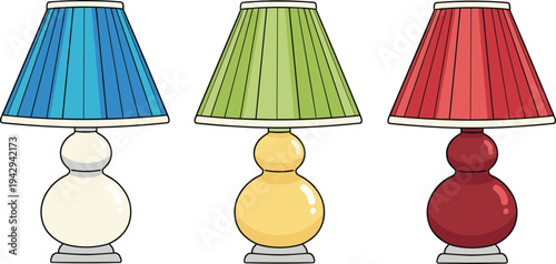 Three decorative table lamps with pleated shades in white, yellow, and red bases showcasing colorful home interior design illustration
