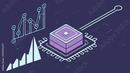 A vector graphic illustration of a purple microchip with graphs and charts, representing data analysis and technology