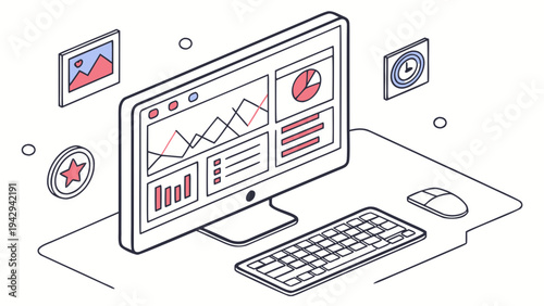 A minimalist vector graphic illustration of a computer monitor displaying various charts and graphs on a desk with a keyboard and mouse.