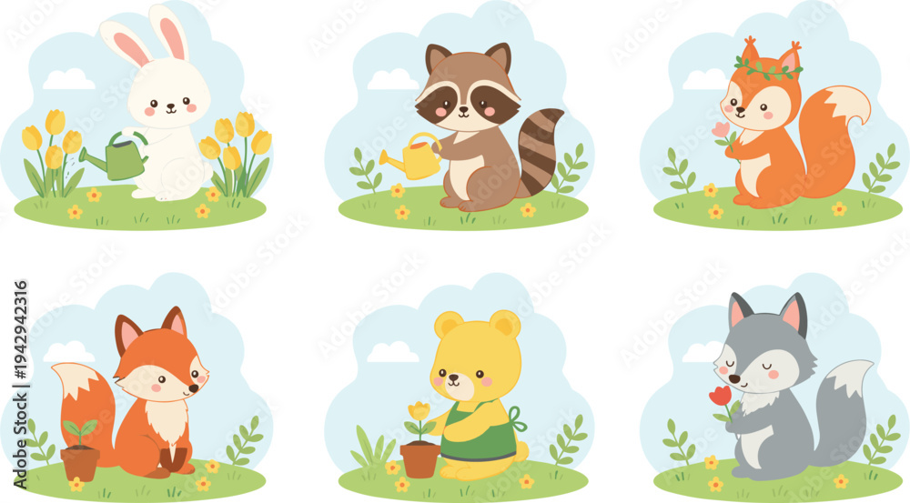 Obraz premium Cartoon animals gardening with bunny, raccoon, squirrel, fox, bear, and wolf in playful outdoor nature design
