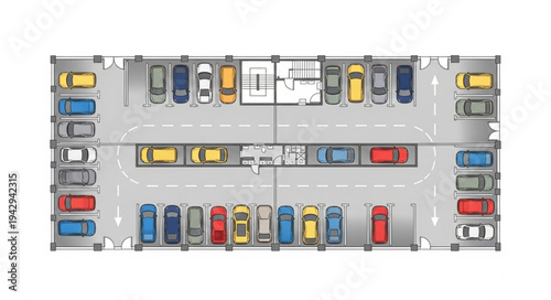 Aerial view of a multi-level parking garage with many cars.